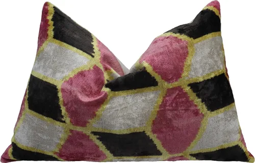 Vista 10 de Cojín decorativo hecho a mano con funda de cojín rellena de plumón, rosa sucio, negro y dorado, funda de cojín cuadrada de seda de terciopelo suave