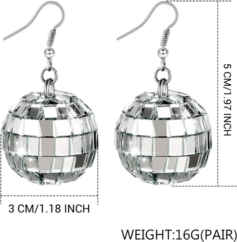 Vista 2 de Hicarer 5 pares de aretes de bola de discoteca de 1.181 in de los años 60 y 70 de plata, accesorios de disfraz para mujer, trajes de discoteca