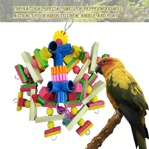 Vista 2 de Juguetes para loros grises africanos, cacatúas, guacamayos pequeños, loros amazónicos pequeños y medianos, pájaros de madera natural, juguetes