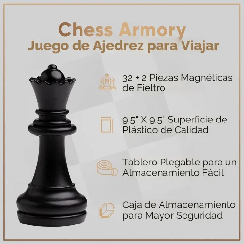 Vista 3 de Chess Armory Juego de ajedrez magnético de viaje de 9.5 pulgadas - Tablero plegable con caja de almacenamiento y 2 reinas extra.