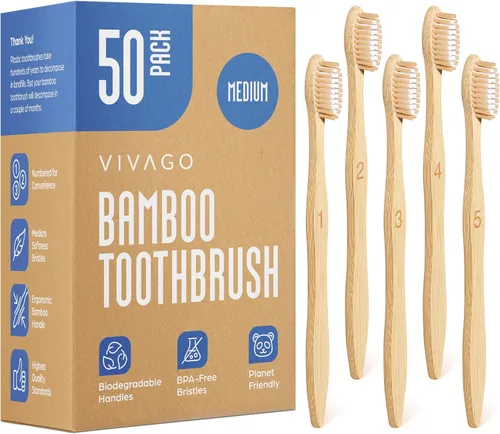 Vista 9 de VIVAGO Cepillos de dientes de bambú con cerdas medianas, 10 unidades, sin BPA, cepillos de dientes de cerdas medianas para adultos, ecológicos