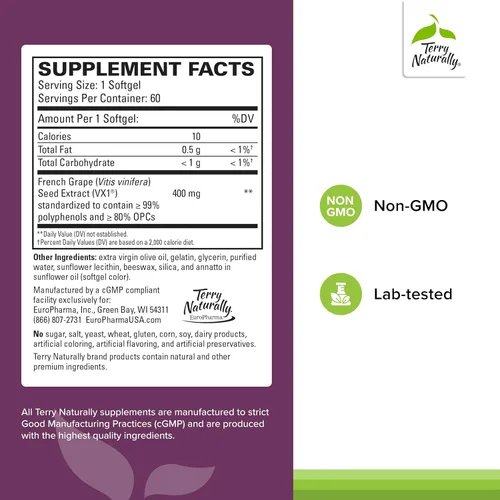 Vista 2 de Terry Naturally Clinical OPC Extra Strength - Apoyo a la salud cardiovascular y la concentración - Suplemento con extracto de semilla de uva