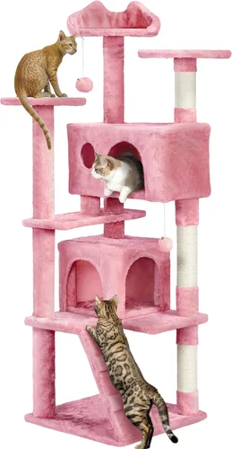 Vista 17 de Yaheetech - Torre de árbol para gatos de 54 pulgadas, con postes para arañar, condominios dobles y bolas colgantes, para gatitos, casa