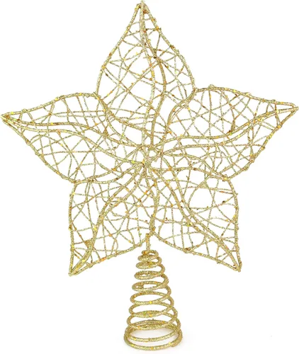 Ornativity - Estrella con brillantes dorada para la punta del árbol - Estrella de alambre con destellos dorados, flor con pétalos frondosos,