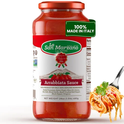 La San Marzano Salsa Arrabiata, 24 onzas, salsa para pasta hecha en Italia, tomate multiusos de primera calidad, todo natural, dieta mediterránea,