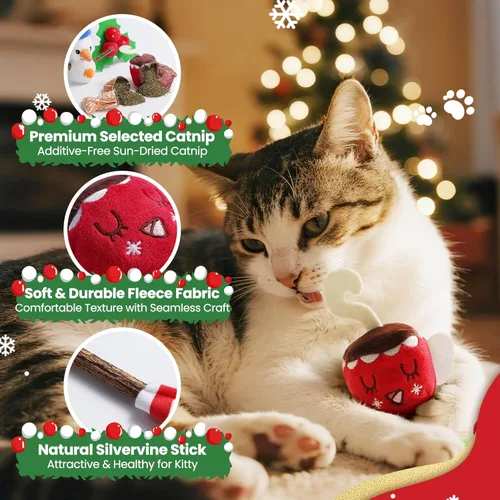 Vista 3 de Juguetes navideños para gatos – 5 juguetes de hierba gatera para gatos con temática navideña, juguete masticable con palos de vid plateada