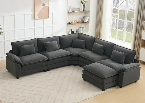 Vista 41 de Juego de sofá seccional modular de gran tamaño, sofá de nube convertible de asiento profundo, sofá esquinero grande en forma de L con cojines Beige
