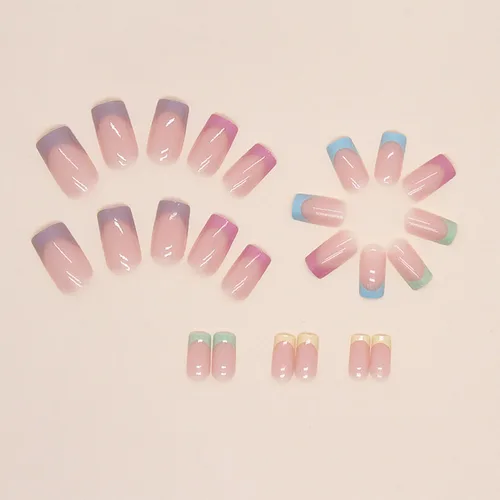 Vista 90 de Uñas postizas cuadradas cortas a presión, uñas postizas azules de cobertura completa con diseños de remolinos, uñas acrílicas brillantes de línea