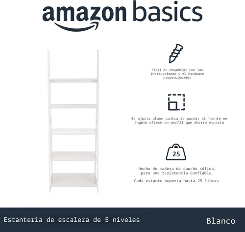 Vista 4 de Yaxa Basics Organizador de estantería tipo escalera, de 5 niveles, con marco de madera de caucho macizo, acabado en blanco, 14 pulgadas