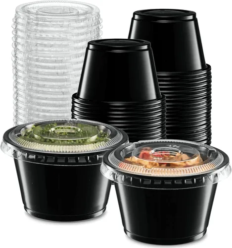 Vista 19 de {1.5 oz – 100 juegos} Vasos de plástico transparente con tapas, pequeños recipientes pequeños para control de porciones, chupitos de gelatina