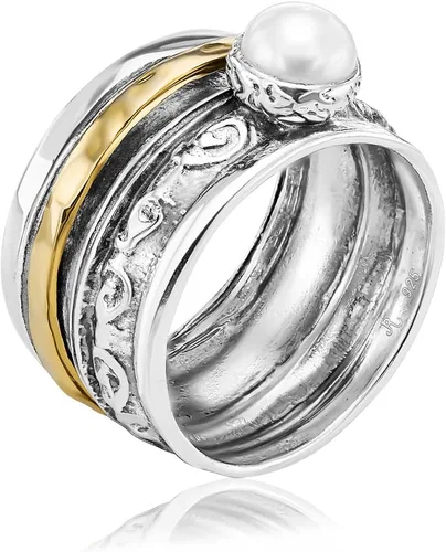 14K Gold Plated 925 Sterling Silver Spinner Ring Unisex Bold Hammered Beaded, Oxidized, Vintage Stylish Hypoallergenic, Nickel Lead-free, Artisan