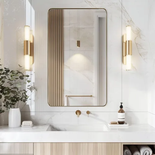 Vista 2 de ANDY STAR Espejo de baño dorado de latón de 30 x 48 pulgadas, espejo de pared grande para baño, espejo rectangular redondeado en marco de metal