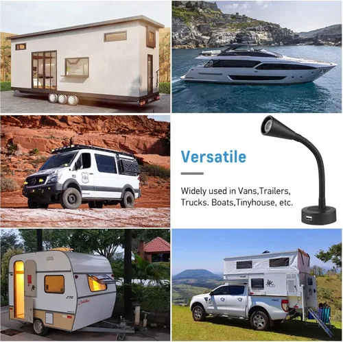 Vista 6 de Acegoo Luz de lectura LED de 12 V, lámpara de lectura regulable con cargador USB, luz de cuello flexible de 12 voltios para barco, cámper
