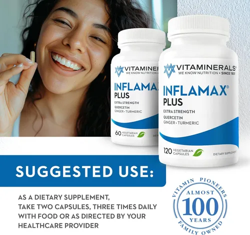 Vista 5 de Vitaminerals® 121+ Inflamax® Plus Manejo saludable de la inflamación Quercetina Enzimas proteolíticas Jengibre Cúrcuma Tapas vegetales