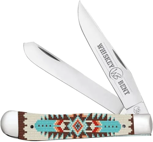 Vista 27 de WHISKEY BENT HAT CO. Navaja de bolsillo plegable tradicional Trapper de 4.125 pulgadas, longitud cerrada, cuchillas de acero inoxidable 440C (azteca)