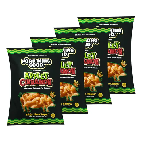 Vista 3 de Pork King Good Appley Cinnamon - Cortezas de cerdo con sabor a postre de 3 onzas (paquete de 4) dulces y salados, aperitivos sin gluten