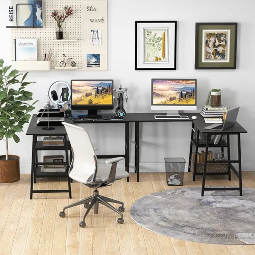 Vista 9 de Giantex Escritorio en forma de L con tomas de corriente y puertos USB, escritorio esquinero para juegos de 48 pulgadas con estantes