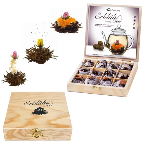 Creano Abloom Tea - Set de regalo floreciente en caja de madera, 12 piezas en 3 variaciones, negro