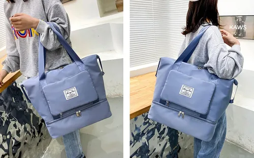 Vista 2 de Nueva bolsa de viaje plegable de separación secahúmeda con compartimento para zapatos, bolsa de fin de semana plegable de gran capacidad, Azul