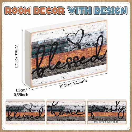Vista 5 de Jetec 3 piezas de letrero de hogar familiar bendecido en madera rústica, letrero decorativo mini en forma de corazón, decoración en madera
