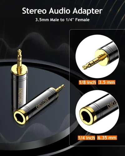 Vista 2 de ANDTOBO Adaptador de auriculares estéreo de cobre puro de 1/4'' a 3.5 mm, enchufe macho de 3.5 mm (1/8'') a conector hembra de 6.35 mm (1/4'')