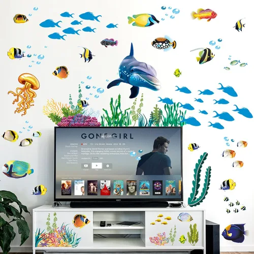 Vista 2 de Pegatina de pared creativa 3D de peces oceánicos, extraíble, bricolaje, bajo el mar, coral, hierba, algas marinas, despegar y pegar, decoración
