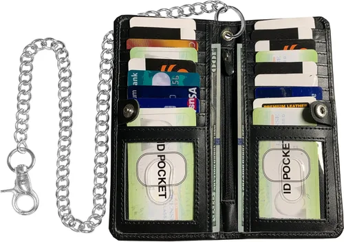 Vista 8 de CLASSIC - Cartera con cadena de motocicleta para hombre, piel auténtica Anilina Negro