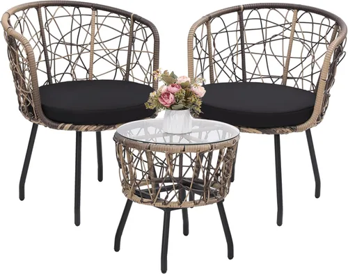 Vista 11 de Kromax juego de 3 piezas de muebles de ratán para patio, juego de mimbre para conversación en estilo bistró, muebles de exterior resistentes a
