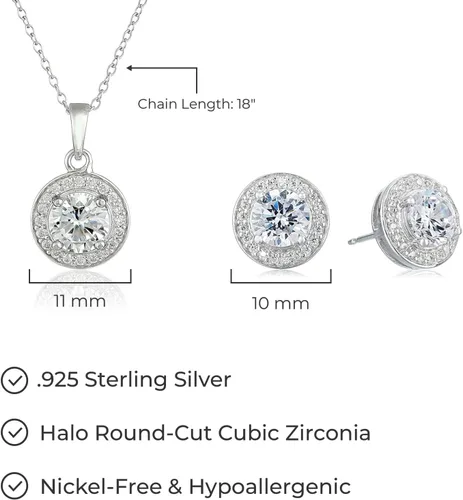 Vista 6 de Conjunto de joyas, plata esterlina, corte circular, zirconia cúbica, aretes con borde y collar con dije, 18 pulgadas.