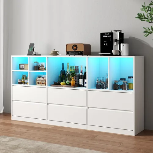 Vista 7 de Gyfimoie Cómoda blanca para dormitorio con 6 cajones, cómoda con luces LED y estación de carga, cómoda de 63 pulgadas de largo con 7 cubos abiertos