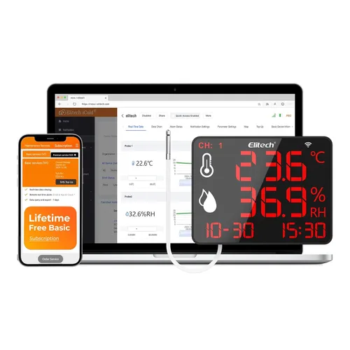 Vista 11 de Elitech Termómetro higrómetro Bluetooth reutilizable registrador de datos con pantalla grande de almacenamiento de datos, DR-230-THDE con doble