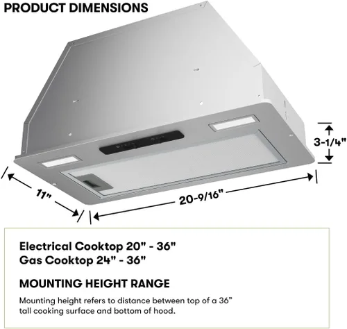 Vista 3 de Zephyr Campana extractora de 400 CFM de potencia de 3 velocidades con ventilador Tornado Mini Canopy inserto de ventilación con controles