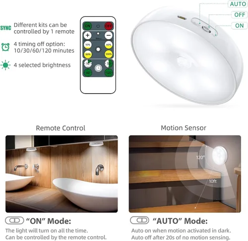 Vista 2 de Luces LED para Armario con Sensor de Movimiento Tipo Disco, Luces de Disco Recargables para Escalones, Iluminación Regulable Bajo Gabinete