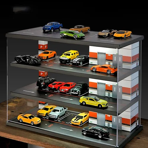 Vista 7 de Vitrina para Hot Wheels 1:64 Toy Car Garage con luces LED Diorama de garaje de 4 niveles para estacionamiento independiente, almacenamiento de polvo