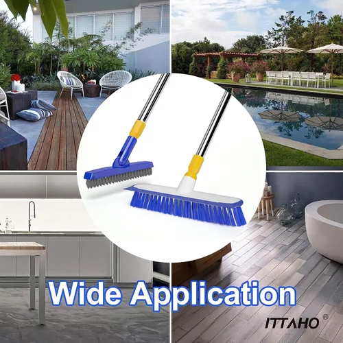 Vista 8 de ITTAHO Juego de cepillos para fregar y lechada de piso de 12 pulgadas de ancho con mango largo extensible, limpiador de cerdas rígidas resistente