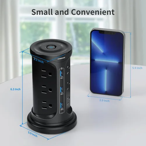 Vista 5 de Cable de extensión con múltiples tomas de corriente, protector de sobretensiones, regleta de alimentación de torre con protección contra