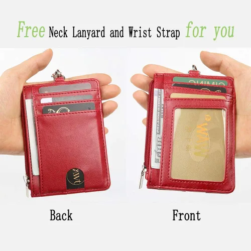 Vista 2 de Teskyer Slim Wallet, Credit Card Holder Wallet with Zip Pocket & Neck Lanyard, Minimalist Front Pocket RFID Blocking Leather Wallet for Men & Women
