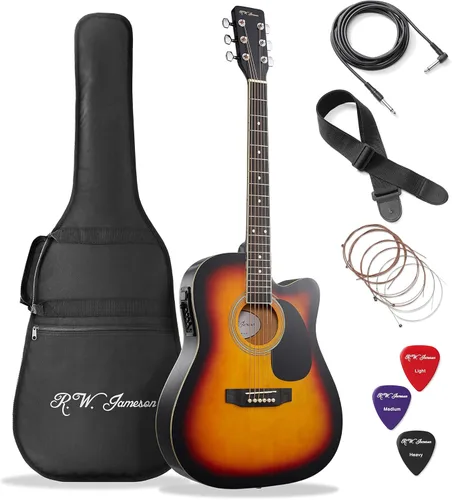 Vista 16 de Jameson Guitars - Guitarra eléctrica acústica Thinline de tamaño completo con funda y púas, negra, para diestros