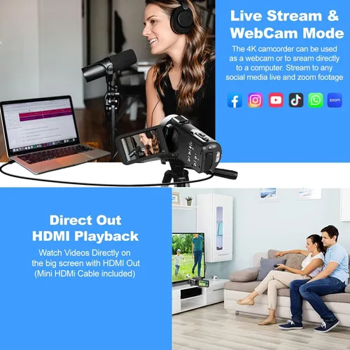 Vista 4 de Videocámara 4K Cámara de video 48MP con enfoque automático para YouTube 60FPS 18X Zoom Cámara digital WiFi, micrófono, estabilizador, 2 tarjetas SD