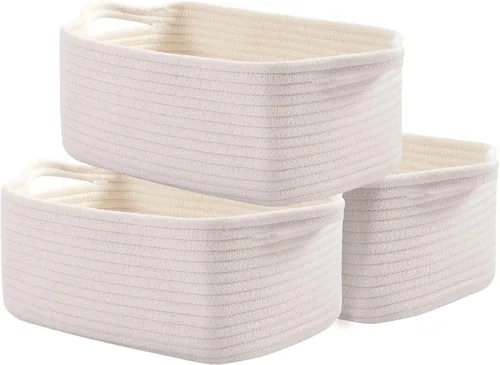 Vista 12 de OIAHOMY Cestas tejidas de cuerda de algodón para almacenamiento, cesta de almacenamiento rectangular para guardería con asas para estantes, paquete