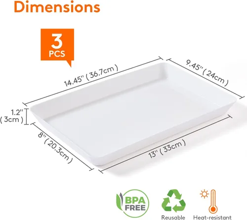 Vista 2 de Lifewit Bandeja de plástico para suministros de fiesta, platos de 15 x 10 pulgadas para servir alimentos, 3 bandejas blancas reutilizables