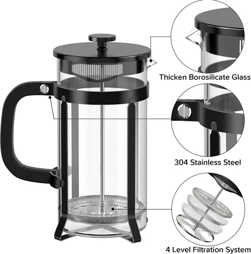 Vista 7 de QUQIYSO Cafetera de prensa francesa de acero inoxidable 304 con 4 filtros, resistente al calor, duradera, fácil de limpiar, prensa de café de vidrio