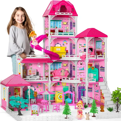 Casa de Muñecas Doloowee para Niñas, Casa de Muñecas de 4 Pisos y 10 Habitaciones con 2 Princesas, Tobogán y Accesorios, Juego de Juguete para Casa