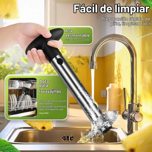 Vista 6 de Flexzion - Herramienta de cocina de acero inoxidable para pelar y sacar el corazón de ananá, para cortar y rebanar fácilmente fruta, con mango