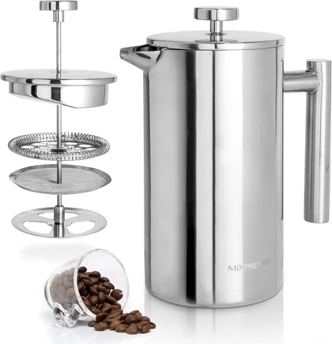 Vista 38 de Mixpresso Cafetera de Prensa Francesa de Acero Inoxidable Negro 26 Oz 770 ml, Prensa Francesa de Acero Inoxidable con Aislamiento de Doble Pared