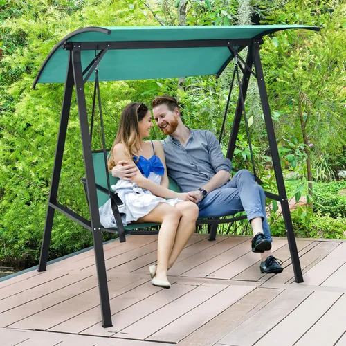 Vista 8 de Tangkula Columpio de patio para 2 personas, columpio de porche resistente a la intemperie con toldo ajustable, marco de acero, columpio moderno