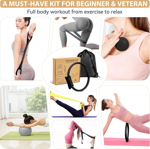 Vista 7 de HASHMUST Kit de anillos de pilates de 12 piezas para mujer, equipo de entrenamiento en casa con círculo mágico, mini pelota de ejercicio, bandas