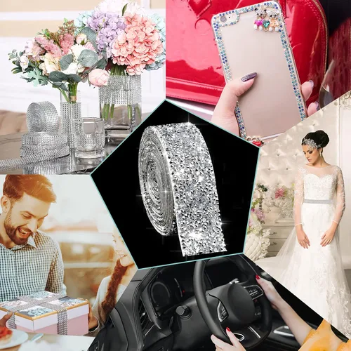 Vista 7 de 4 rollos de cinta autoadhesiva de diamantes de imitación de 8.8 yardas, tiras de diamantes de imitación plateados para manualidades, manualidades