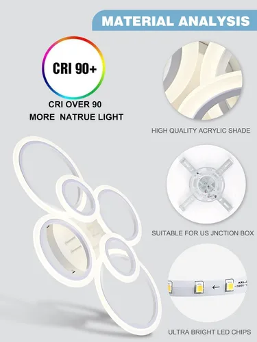 Vista 6 de Vikaey Lámpara de Techo LED Moderna de Montaje al Ras, 6 Anillos Blancos Lámpara de Techo Cerca del Techo, Lámpara de Iluminación para Sala de Estar