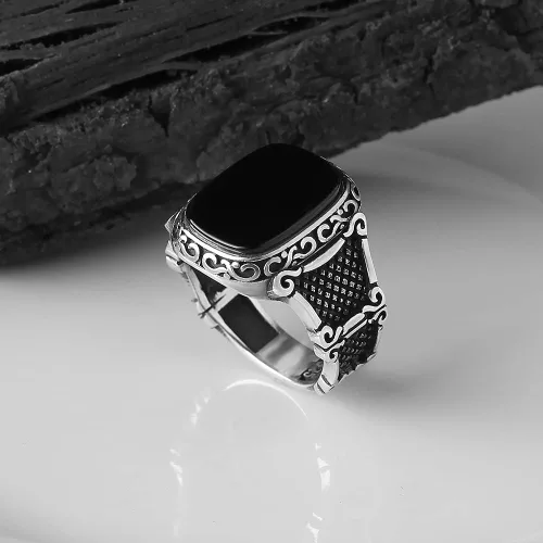 Vista 3 de 925 Sterling Silver Men Silver Ring with Onyx Stone, Handmade Engraved Black Onyx Gemstone Silver Ring, Gift for him, Minimalist Silver Ring